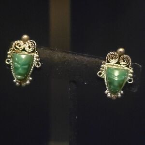 GREEN ONYX Vintage Mexico Siver Stamped Earrings!